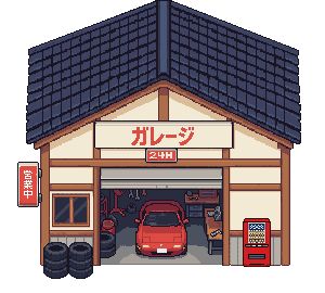 Pixel-art garage with a red car inside