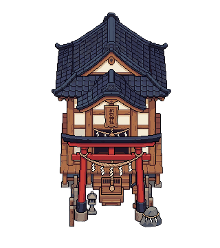 Pixel-art shrine with a red torii gate